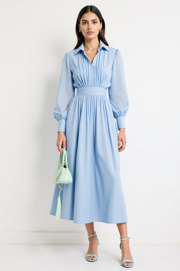 Blue A Line Polo Collar Ruched Work Dress with Long Sleeves